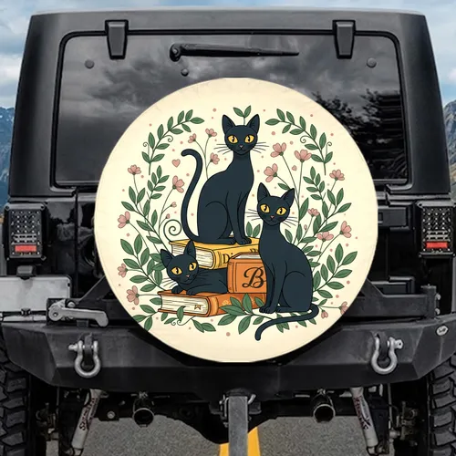 Vintage Books Black Cats Wildflowers - Home Decor Gift for Cat Lovers Spare Tire Cover