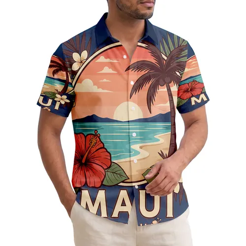 Maui Hawaii Sunset Beach Palm Hibiscus - Island Travel Gift Hawaiian Shirt