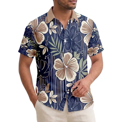 Large Tropical Flowers Leaves Pinstripes Linear Accents - Home Decor Everyday Gift Hawaiian Shirt