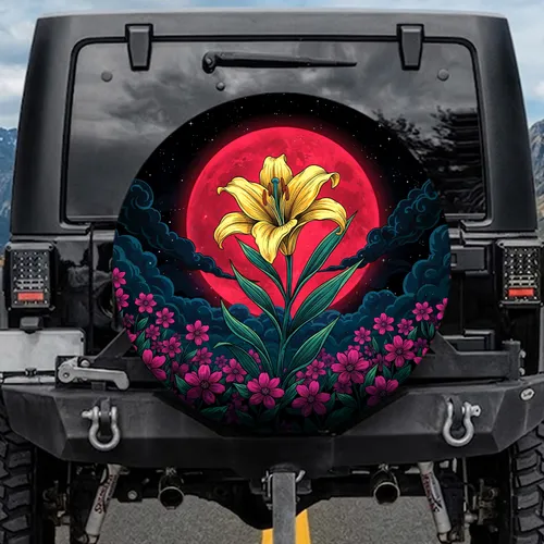 Yellow Lily Red Moon Celestial Floral - Mystical Decor Gift for Plant Lover Spare Tire Cover