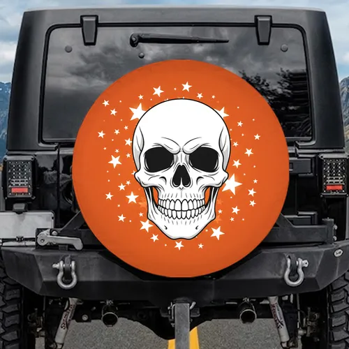 White Sculpted Skull Black Eye Sockets Stars - Halloween Holiday Celebration Gift Spare Tire Cover