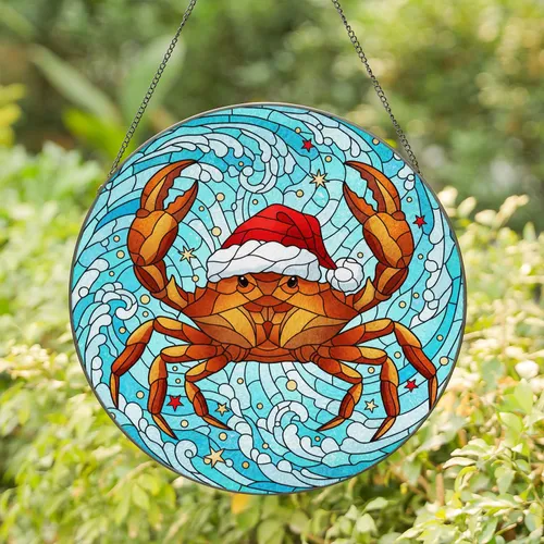 Crab Santa Hat Ocean Waves - Christmas Home Decor for Crab Lover Stained Glass Suncatcher