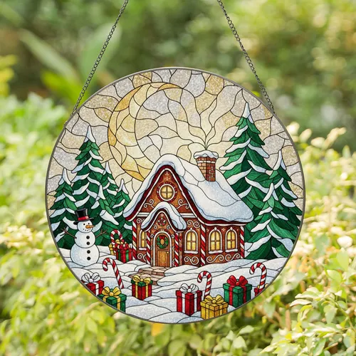 Gingerbread House Snowman Crescent Moon Pine Trees Christmas - Holiday Home Decor Gift Stained Glass Suncatcher