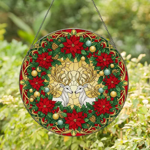 White Deer Golden Antlers Poinsettia Wreath - Christmas Home Decor Gift Stained Glass Suncatcher