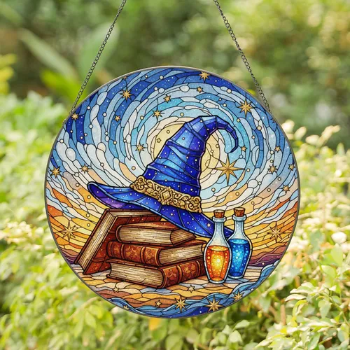 Wizard Hat Antique Books Potion Bottles Celestial Stars - Window Decor Gift Stained Glass Suncatcher