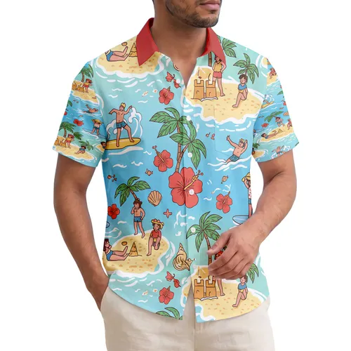 Cartoon Beach People Surfing Paddleboarding Sandcastles - Tropical Vacation Gift for Ocean Lover Hawaiian Shirt