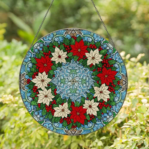 Poinsettia Holly Christmas Wreath Winter Foliage - Holiday Home Decor Gift Stained Glass Suncatcher