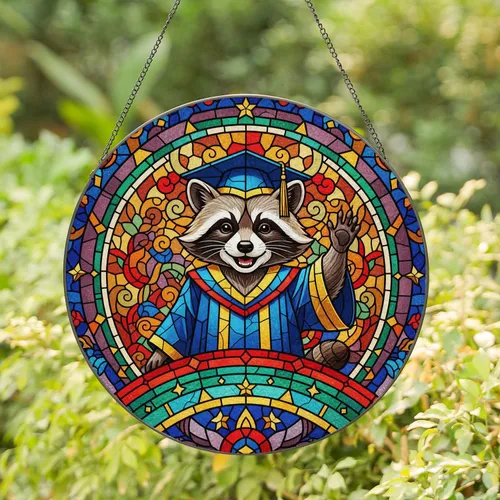 Graduate Raccoon Celebratory Flourishes - Home Decor Graduation Gift for Graduates Stained Glass Suncatcher