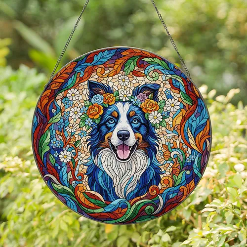 Border Collie Dog with Floral Wreath Stained Glass - Home Decor Gift for Dog Lover Stained Glass Suncatcher