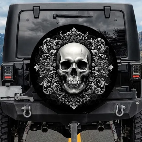 Realistic Human Skull Baroque Rococo Scrollwork - Home Decor Gift for Skull Enthusiast Spare Tire Cover