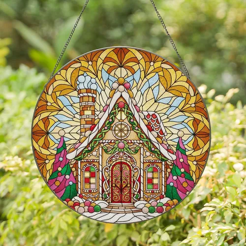 Gingerbread House Snowy Base Evergreen Trees Candied Ornaments Holiday Home Decor Stained Glass Suncatcher