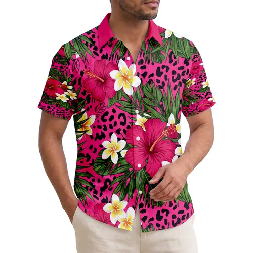 Pink Hibiscus Plumeria Palm Leopard Spots - Tropical Home Decor Gift Hawaiian Shirt