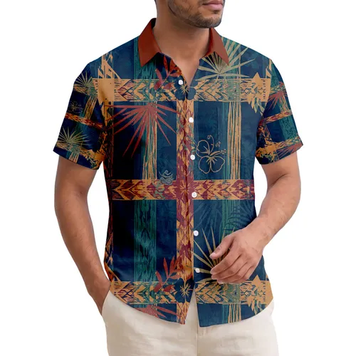 Island Plaid Grid Vertical Stripes Polynesian Weave Palm Fronds - Tropical Lifestyle Gift Hawaiian Shirt