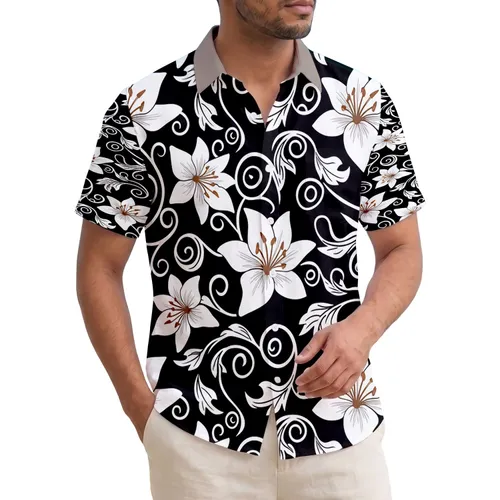 White Tropical Lily Flowers Brown Stamen Leafy Vines - Tropical Beach Vacation Gift Hawaiian Shirt