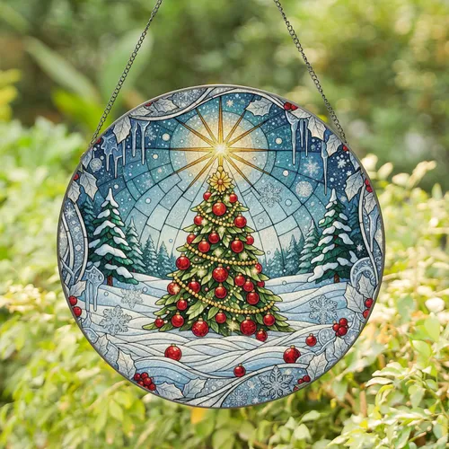 Decorated Christmas Tree Snow Holly Berries - Christmas Holiday Home Decor Stained Glass Suncatcher