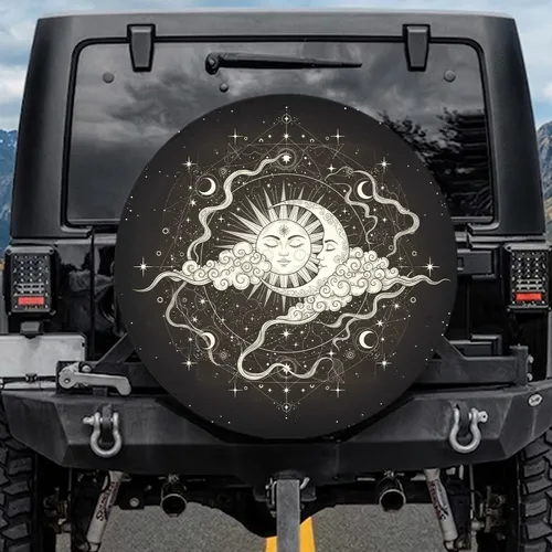 Celestial Sun Moon Stars Clouds Glowing Orbs Star Clusters - Travel Essentials Spare Tire Cover