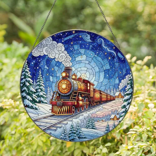 Vintage Steam Locomotive Winter Snowy Night - Home Decor Gift for Train Lover Stained Glass Suncatcher