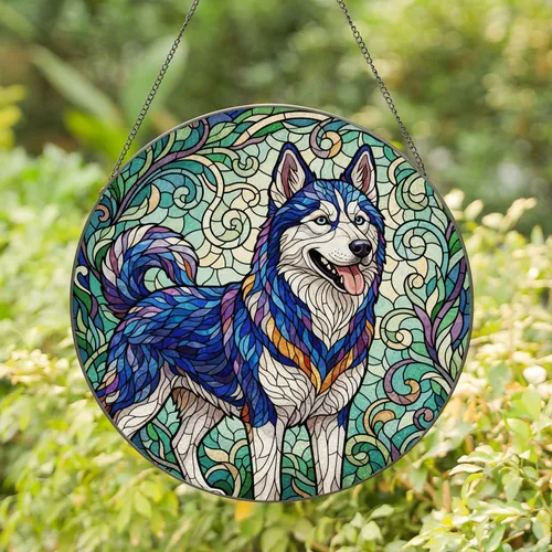 Intricate Tiffany Glass Husky Dog Mosaic Swirling Foliage - Home Decor Gift for Dog Lover Stained Glass Suncatcher