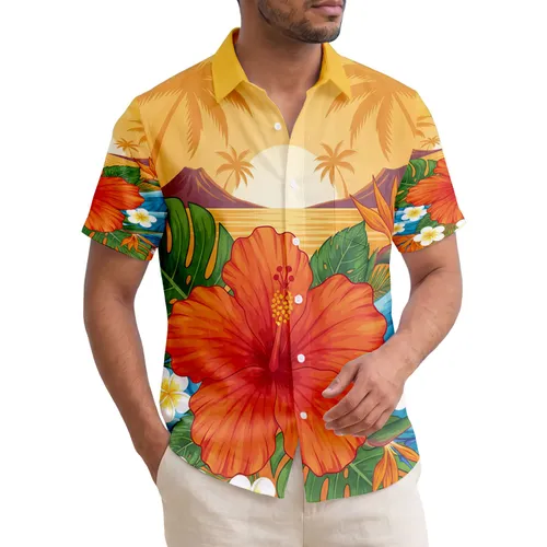 Hibiscus Flower Palm Sunset Monstera Plumeria - Tropical Vacation Gift for Beach Lover Hawaiian Shirt