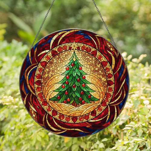 Christmas Tree Red Baubles Golden Star Golden Glow - Christmas Gift Holiday Decor Stained Glass Suncatcher