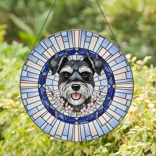 Miniature Schnauzer Dog Head Pink Cherry Blossoms - Home Decor Gift for Dog Lover Stained Glass Suncatcher