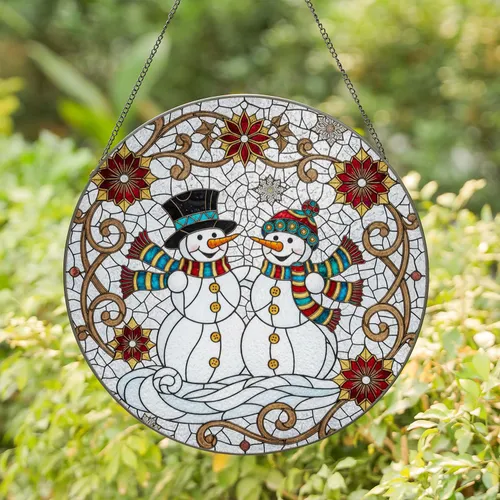 Snowmen Top Hat Bobble Hat Starburst Filigree - Winter Christmas Decor Stained Glass Suncatcher