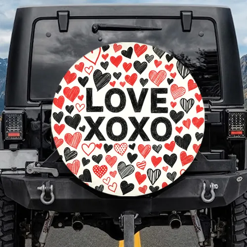 Bold Love XOXO Scribbled Patterned Hearts - Love Expression Gift for Her Spare Tire Cover