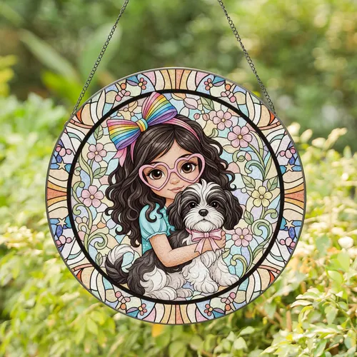 Girl Curly Hair Pink Heart Glasses Shih Tzu Puppy - Home Decor Dog Lover Gift Stained Glass Suncatcher