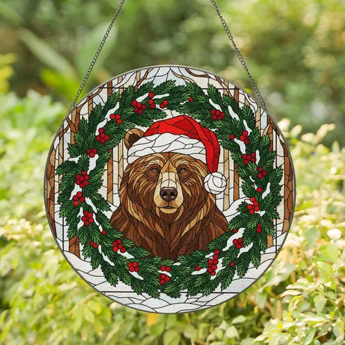 Grizzly Bear Santa Hat Christmas - Snowy Forest Home Decor Gift for Bear Lover Stained Glass Suncatcher