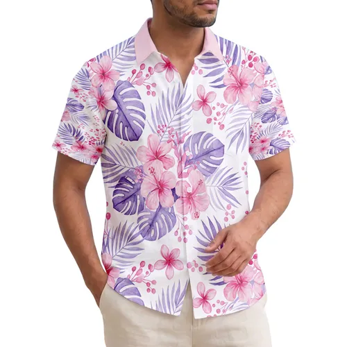 Tropical Pink Fuchsia Blossoms Lush Purple Leaves Berry Cluster - Home Decor Gift Hawaiian Shirt