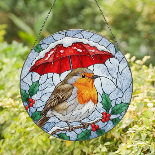 European Robin Red Umbrella Snow Holly - Christmas Home Decor Gift for Bird Lovers Stained Glass Suncatcher