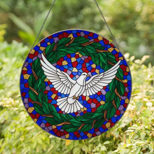 White Dove Spread Wings Green Leaf Branch Wreath - Home Decor Gift for Nature Lover Stained Glass Suncatcher