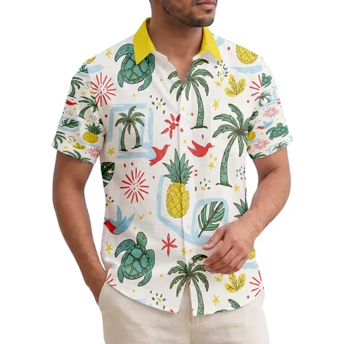 Sea Turtle Pineapple Palm Tree Red Starbursts Blue Waves - Beach Lover Gift Hawaiian Shirt