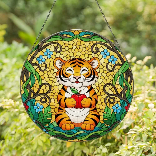 Baby Tiger Cub Apple Jungle Clearing Mosaic - Home Decor Gift for Animal Lovers Stained Glass Suncatcher