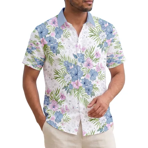 Blue Lavender Pink Blossoms Green Tropical Leaves - Home Decor Gift Hawaiian Shirt