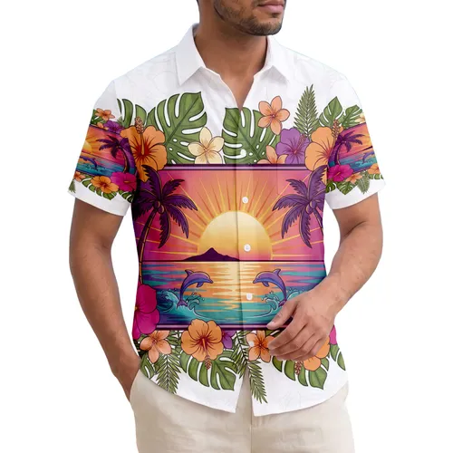 Tropical Sunset Dolphins Palm Trees Ocean Island - Tropical Getaway Gift Hawaiian Shirt
