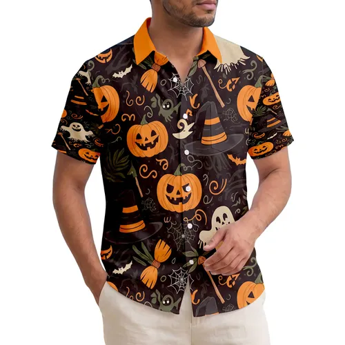 Smiling Jack-o'-lantern Witches Hat Scarecrow Ghost Bat Spiderweb - Halloween Celebration Hawaiian Shirt