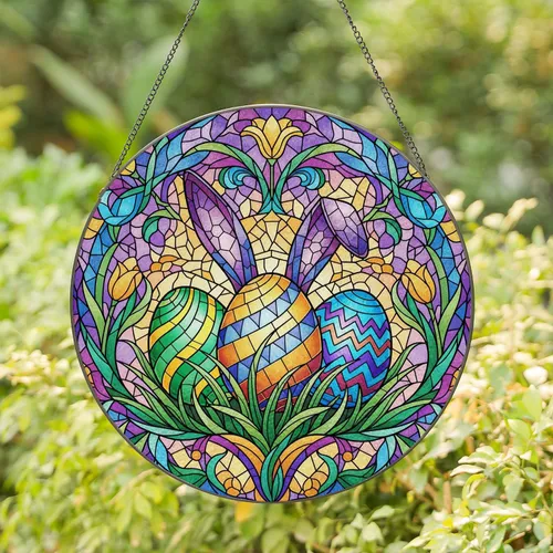 Easter Eggs Bunny Ears Green Grass Striped Geometric Floral Mosaic - Easter Holiday Gift Stained Glass Suncatcher