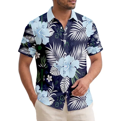 Tropical Light Blue Hibiscus White Palm Fronds Bamboo Foliage - Home Decor Gift Hawaiian Shirt