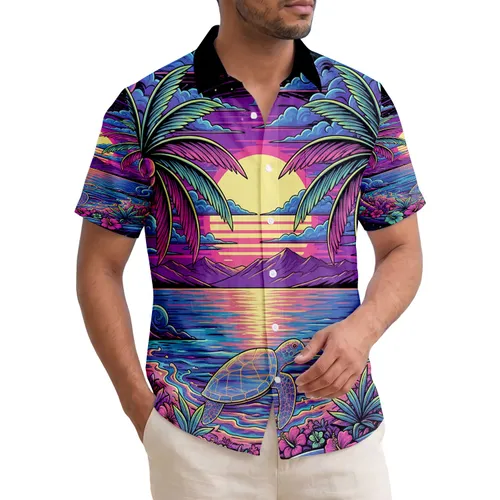 Luminous Tropical Beach Sunset Palm Trees Sea Turtle Bay - Summer Vacation Travel Essentials Hawaiian Shirt
