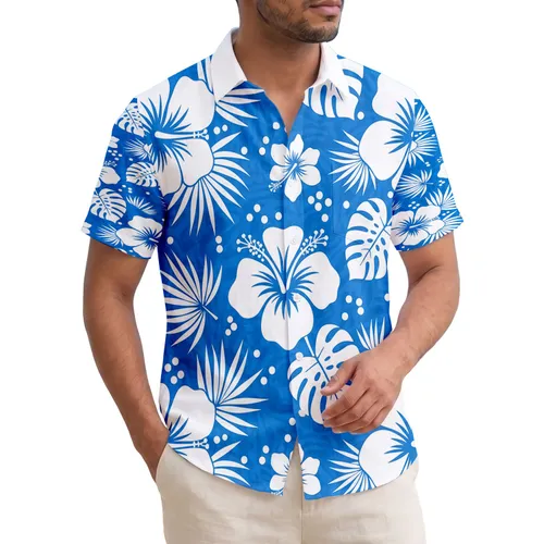 White Hibiscus Tropical Floral Leaves Dots Royal Blue - Summer Island Vacation Hawaiian Shirt
