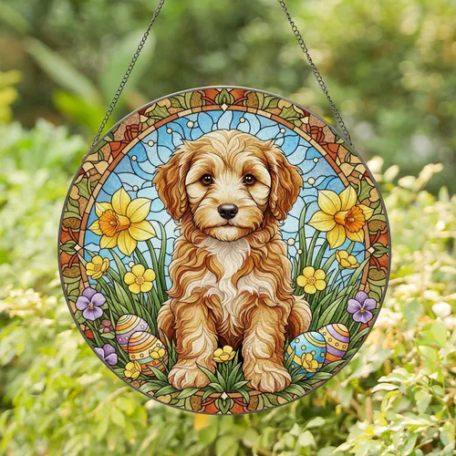 Goldendoodle Puppy Easter Eggs Spring Flowers - Easter Dog Lover Gift Stained Glass Suncatcher