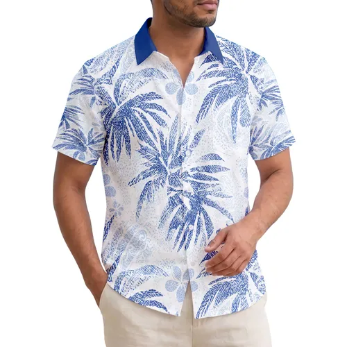 Distressed Indigo White Palm Fronds Waves Plumeria Silhouettes - Tropical Beach House Decor Hawaiian Shirt