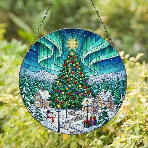 Christmas Tree Winter Village Aurora Borealis Night Sky - Holiday Home Decor Gift Stained Glass Suncatcher