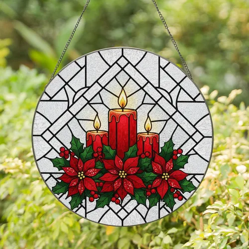 Three Red Candles Poinsettia Holly Berries - Christmas Holiday Home Decoration Gift Stained Glass Suncatcher