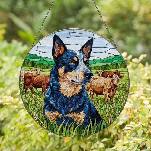 Blue Heeler Dog Cattle Green Fields - Farmhouse Home Decor Gift for Cattle Dog Lovers Stained Glass Suncatcher