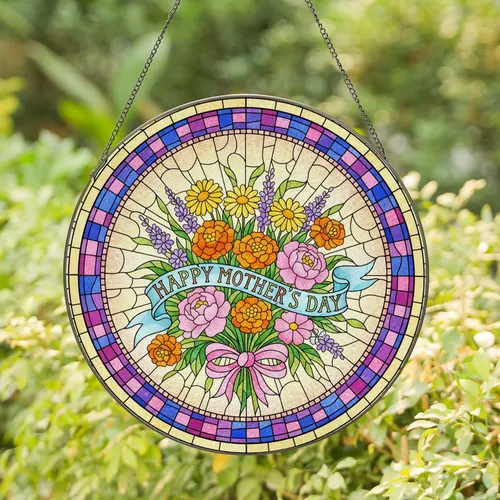 Flower Bouquet Happy Mother's Day Banner - Mother's Day Gift for Mom Stained Glass Suncatcher