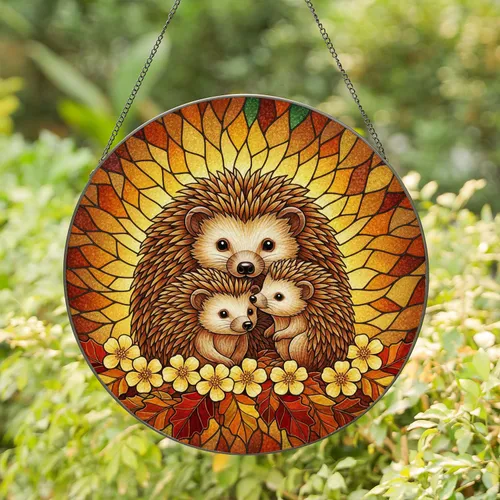 Hedgehog Family Yellow Flowers Autumn Leaves - Wildlife Lover Gift Stained Glass Suncatcher