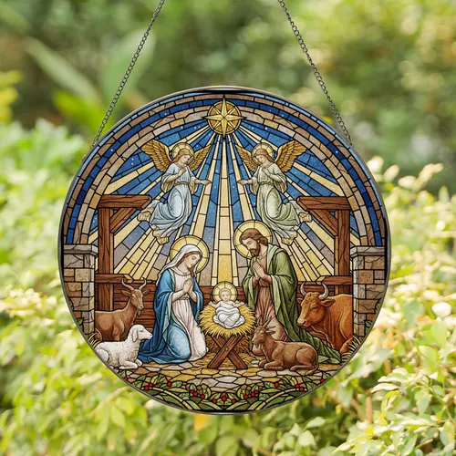 Mary Joseph Baby Jesus Nativity Manger Angels Farm Animals - Christmas Home Decor Gift Stained Glass Suncatcher
