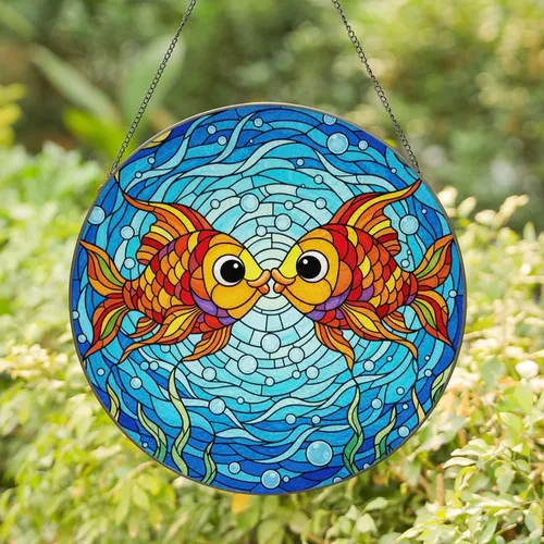 Fish Couple Kissing Segmented Ocean Water Bubbles Aquatic Flora - Home Decor Gift Stained Glass Suncatcher